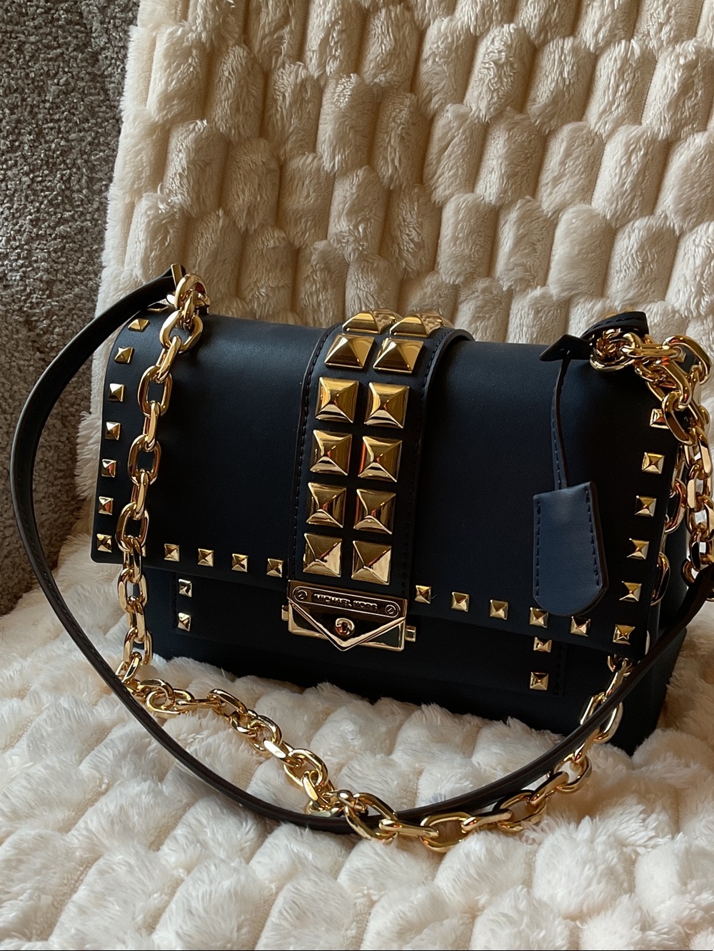Michael Kors Navy Blue Stud-Embellished blue Leather Shoulder Bag with Gold Chai